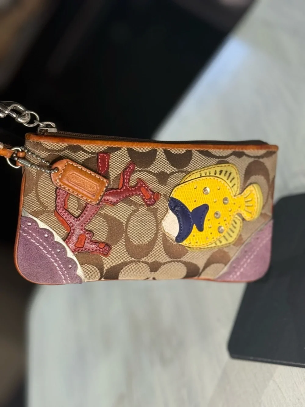 Rare Vintage Coach Canvas Wristlet with Fish Applique - Tan & Yellow